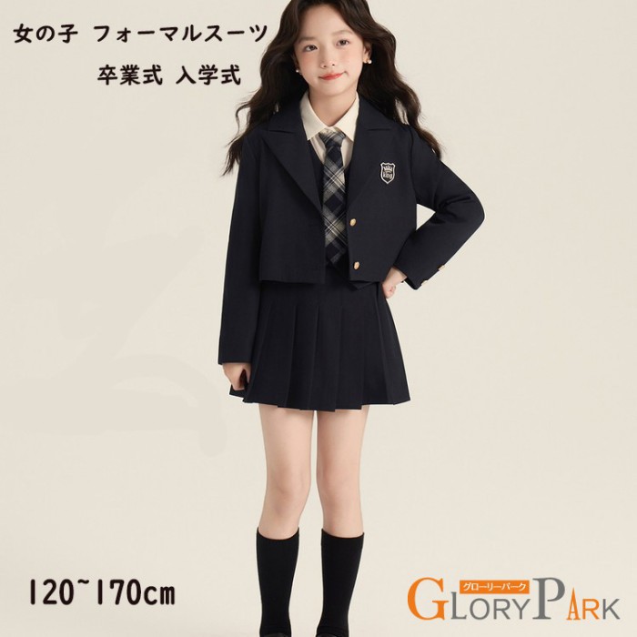 卒業式 スーツ 女の子 入学式 子供 フォーマルスーツ キッズ ジャケット スカート セット 受験 面接 発表会 セレモニー 小学生 ジュニア ネイビー　上品 かわいい 120 130 140 150 160cm