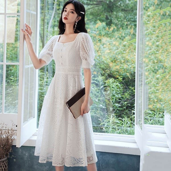 本物新品保証 おしゃれ きれいめ レディース Aライン 白ワンピース 袖付き ホワイト 総レース 袖あり ミモレ丈 フォーマルドレス 結婚式 レースワンピース ワンピース フォーマル ワンピース 結婚式 期間限定 マスクプレゼント中 パーティードレス Da8s1
