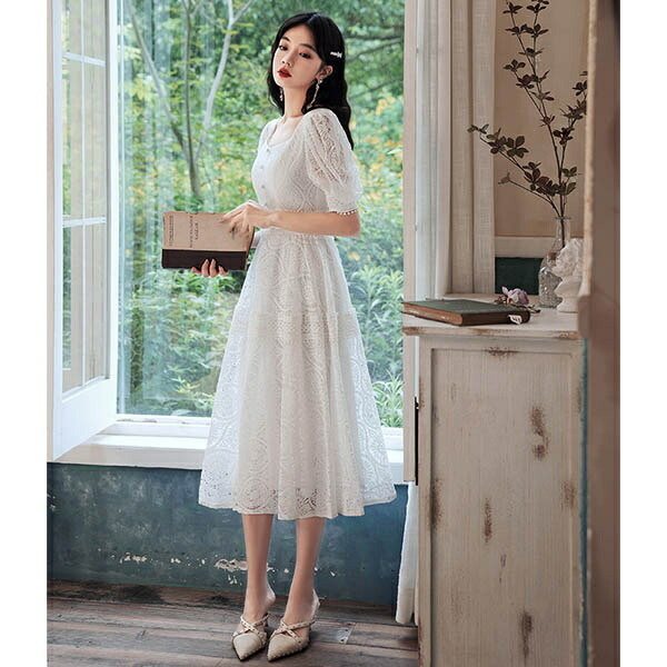 レースワンピース 結婚式 フォーマルドレス ミモレ丈 袖あり きれいめ ドレス 総レース ホワイト 白ワンピース 袖付き 白ワンピース Aライン レディース きれいめ おしゃれ パーティードレス 結婚式 ワンピース フォーマル ワンピース レースワンピース 結婚式 フォーマル