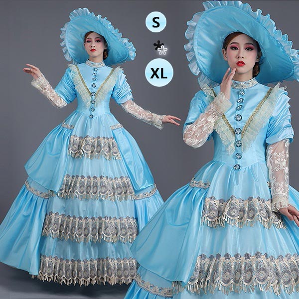 ロングドレス 貴族ドレス お姫様ドレス 中世ヨーロッパ ステージ レース カウルスリーブ スタンドカラー ハイネック 衣装 貴婦人 帽子付き 演奏会 舞台衣装 貴族風 声楽 オペラ イベント プリンセスライン ワンピース 撮影 コスプレ Aライン フリル 水色 S M L Xl