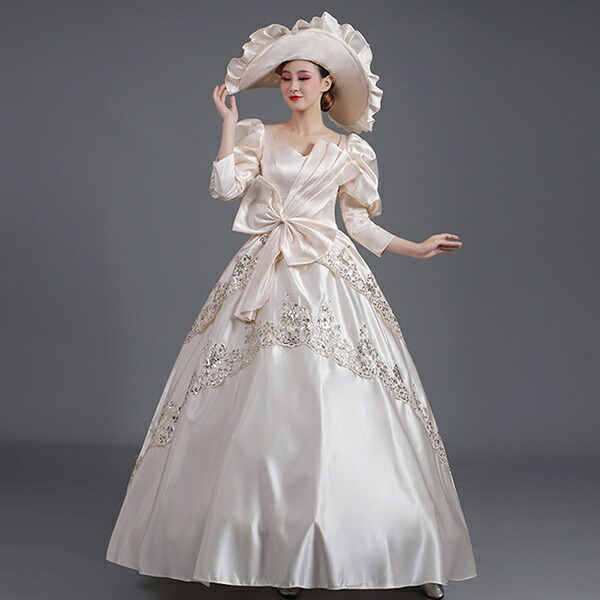 ロングドレス 貴族ドレス お姫様ドレス 中世ヨーロッパ ステージ 盛り袖 パフスリーブ 貴婦人 ペンタゴンネック フィッテッドカフス 帽子付き 演奏会 舞台衣装 貴族風 声楽 オペラ イベント プリンセスライン ワンピース 撮影 コスプレ Aライン フリル シャンパン S M L