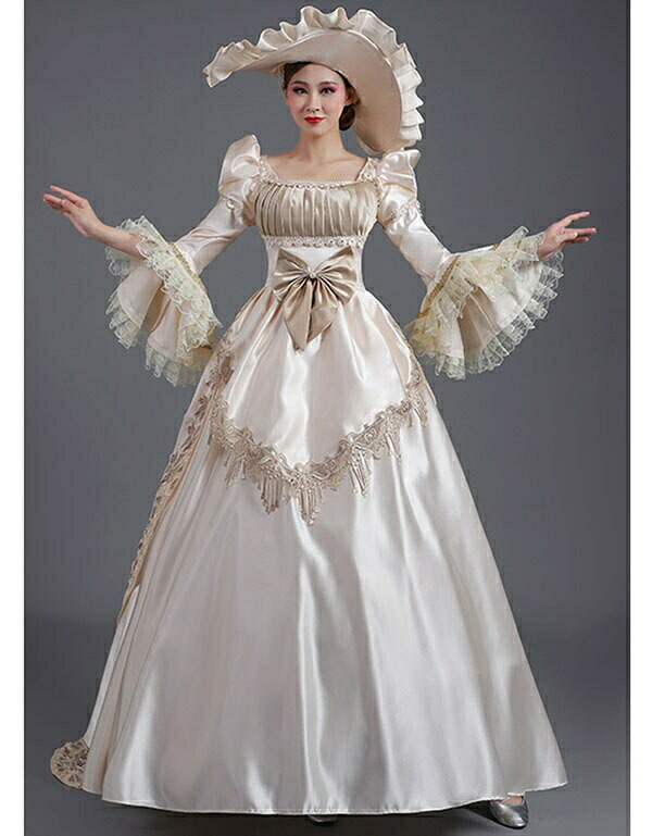 中世ヨーロッパ Aライン フリル 貴族ドレス スクエアネック 舞台衣装 ロングドレス ロングドレス パフスリーブ シャンパン 貴族ドレス お姫様ドレス 中世ヨーロッパ お姫様ドレス 貴族風 ワンピース 袖あり パフスリーブ 長袖 レース スクエアネック 貴族風 貴婦人 帽子