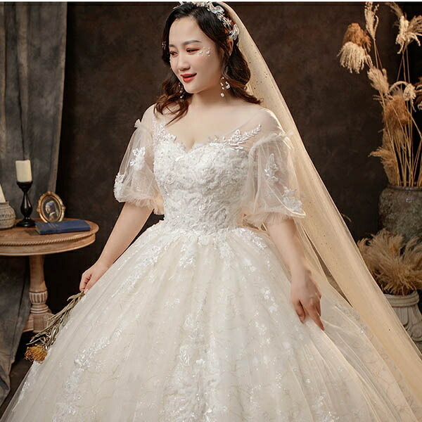 ウェディングドレス 花嫁 大きいサイズ バルーン袖 体型カバー レース ぽっちゃり 結婚式 二次会 白 編み上げタイプ ロングドレス レディース ホワイト トレーンドレス ウエディングドレス キラキラ 花柄 プリンセスライン パーティー イベント 撮影用 2l 3l 4l 5l 6l 7l