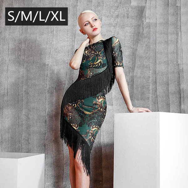 社交ダンス ドレス ダンスドレス ダンスウェア チャチャチャ ルンバ サンバ レッスン着 練習着 ワンピース 袖あり 5分袖 フリンジ オープンバッグ シアー素材 透け感 シースルー スリット グリーン 衣装 ステージ セクシー S M L 2l Andapt Com