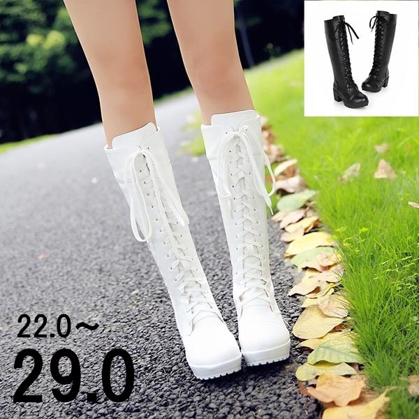 楽天市場】厚底 ブーツ ヒール6cm 締め上げ 太ヒール 黒 白 ロング