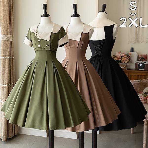 クラロリ ワンピース トップス 可愛い 2way着方 レディース ロング ロリータ lolita 半袖 ノースリーブ 大人 春 秋 夏 グリーン 緑 ベージュ ブラック 黒 S M L XL 2XLグローリーパーク｜パーティードレス通販 GloryPark