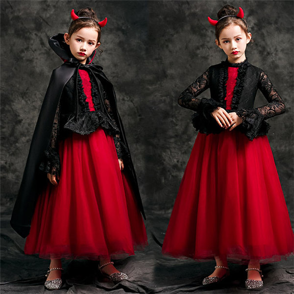 大放出セール キッズ ハロウィン コスプレ ドレス ワンピース ロング丈 長袖 ゴシック 袖あり 魔女 子供 吸血鬼 バンパイア 小悪魔 悪魔 デビル  おうちハローウィン 衣装 仮装 女の子 コスチューム パーティー イベント 学芸会 学園祭 演劇 発表会 100 110 120 130