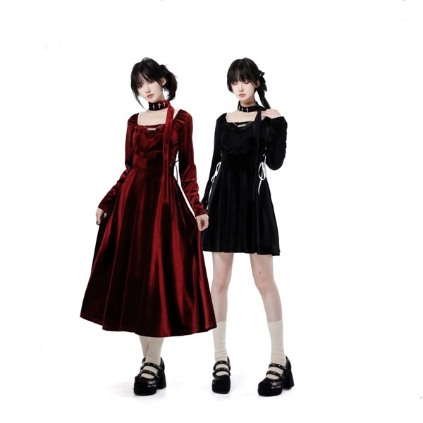 ブラックワインレッド　ドレス 大人 ピアノ 発表会 ロング丈 ミモレ丈 演奏会 袖付き ワンピース 二次会 女子会 成人式 パーティードレス 大人可愛い着痩せるS M Lグローリーパーク｜パーティードレス通販 GloryPark