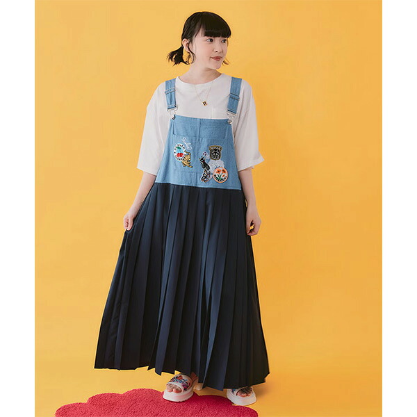 \店内、マラソンSALE開催中/ スカラー ScoLar 162653 アメリカン風刺繍 デニム×プリーツジャンスカデニム 切替刺繍サロペット ワンピース ロングワンピース プリーツワンピース 異素材ワンピース 刺繍 おしゃれ レディース|CampHolic