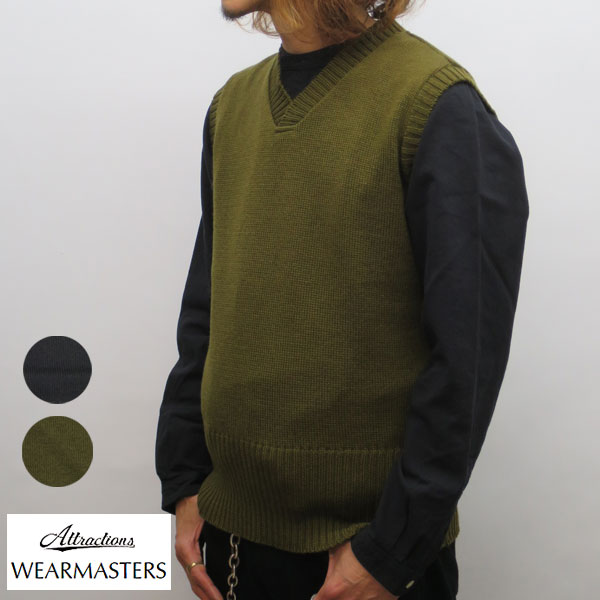 ATTRACTIONS / アトラクションズ WEARMASTERS / ウェアマスターズ Lot.812 V-Neck Vest【BLACK,OLIVE】 ウエアマスターズ ニットベスト WOOL100% V Neck Vest 日本製