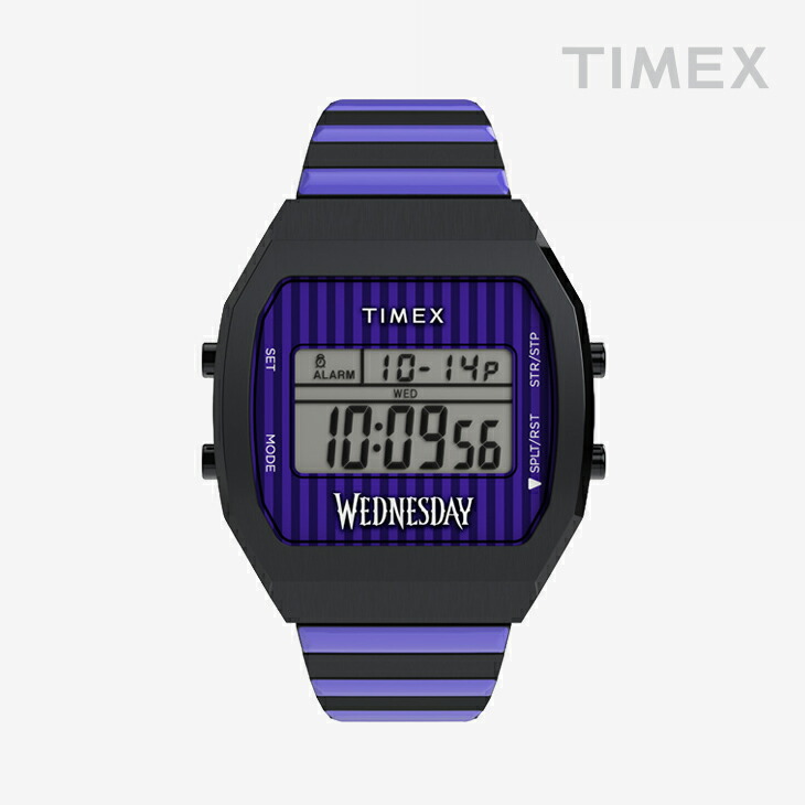 ：TIMEX｜ｘWednesday T80 36粍 Stainless Steel Bracelet/ 五分五分メックス/ウェンズデー エイティーズ デジタル ステンレス鋼 スチール写真 腕輪/黒いことｘパープル #