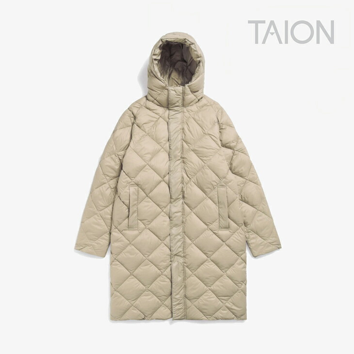 ・TAION｜City Packable Hooded Long Down Jacket / タイオン/シティー パッカブル フード ロング ダウン ジャケット/グレー ベージュ #