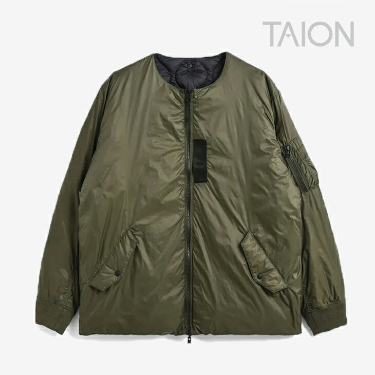 ：TAION｜Japan Special Reversible MA-1 Down Jacket Collarless/ タイオン/ジャパン スペシャル リバーシブル MA-1 ダウン ジャケット カラーレス/ダーク オリーブｘブラック #