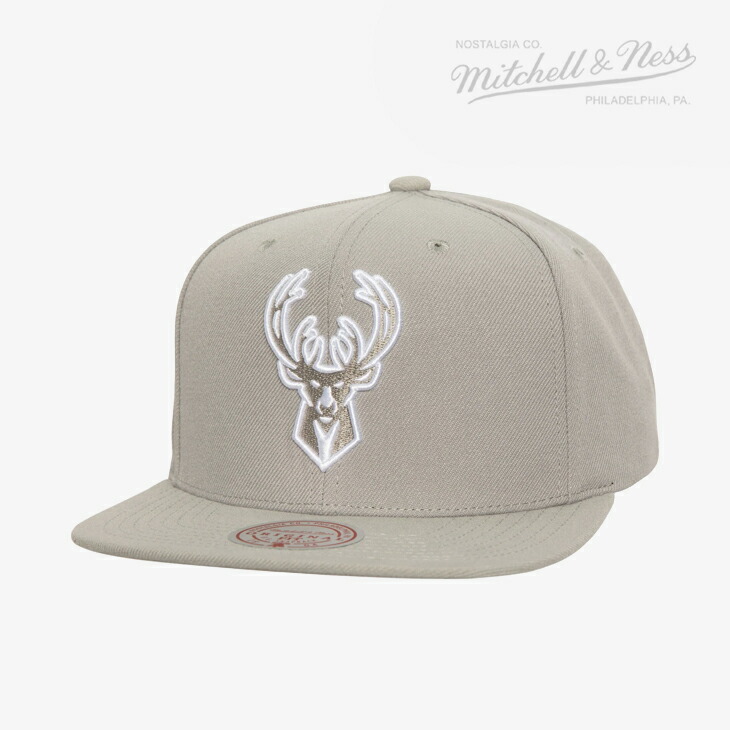 ・MITCHELL&NESS｜NBA Evergreen Grey White Snapback Cap Milwaukee Bucks/ ミッチェルアンドネス/エバーグリーン グレー ホワイト スナップバック キャップ バックス/グレーｘホワイト #