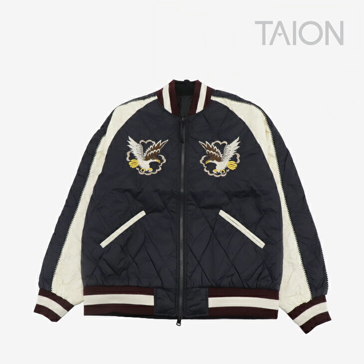:TAION|Japan Spacial Reversible Skajan Down Jacket Velour/ タイオン/ジャパン スペシャル リバーシブル スカジャン ダウン ジャケット ベロア/ダークネイビー オフホワイトxブラック モカ #|GO ON