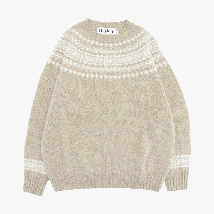：HARLEY Of Scotland｜W York Crew Neck Sweater Supersoft Wool Knit/ ハーレー/ヨーク クルー ネック セーター ノルディック柄 スーパーソフト ウール ニット/カメオベージュｘスノーホワイト #