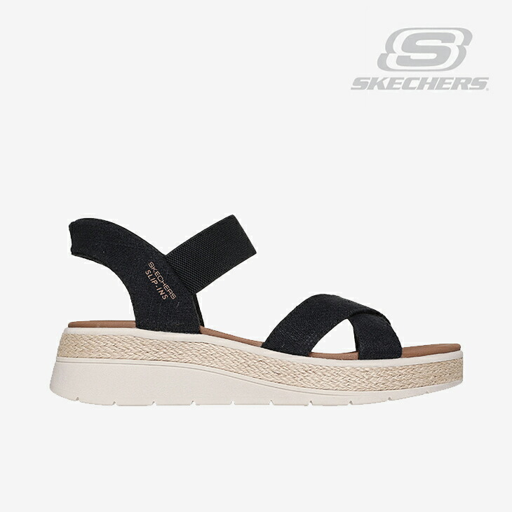 ・SKECHERS｜W Slip-Ins Bobs Sun Ray Bright Take Jute Sandal/ スケッチャーズ/スリップインズ ボブス サン 花の冠 ブライト テイク ジュート サンダル/黒いこと #