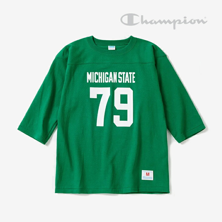 ・CHAMPION｜True To Archives P12 3-Quarter Sleeve Football T-Shirt Michigan/ はやりっ子/トゥルー トゥ アーカイブス P12 3２５セント貨 捩り 蹴球 プルオーバー/ケリー緑であること #