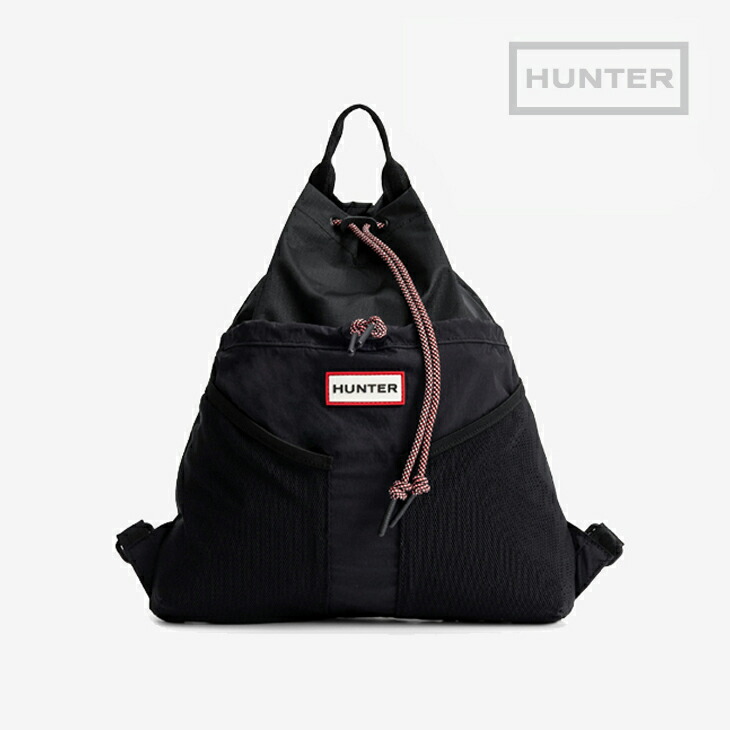 ・HUNTER|Travel Multi Function Packable Daypack/ ハンター/トラベル マルチ ファンクション パッカブル バックパック デイパック リュック/ブラックxレッドボックスロゴ #