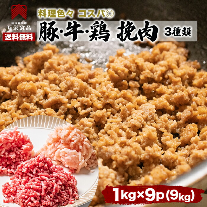 豚ひき肉 鶏ひき肉 牛ひき肉 各 肉 1キロ 3種類×3セット 鶏肉 ミンチ 挽肉 挽き肉 鶏肉 豚肉 牛肉 肉 業務用 冷凍 bbq バーベキュー 国産豚 国産 お弁当 送料無料