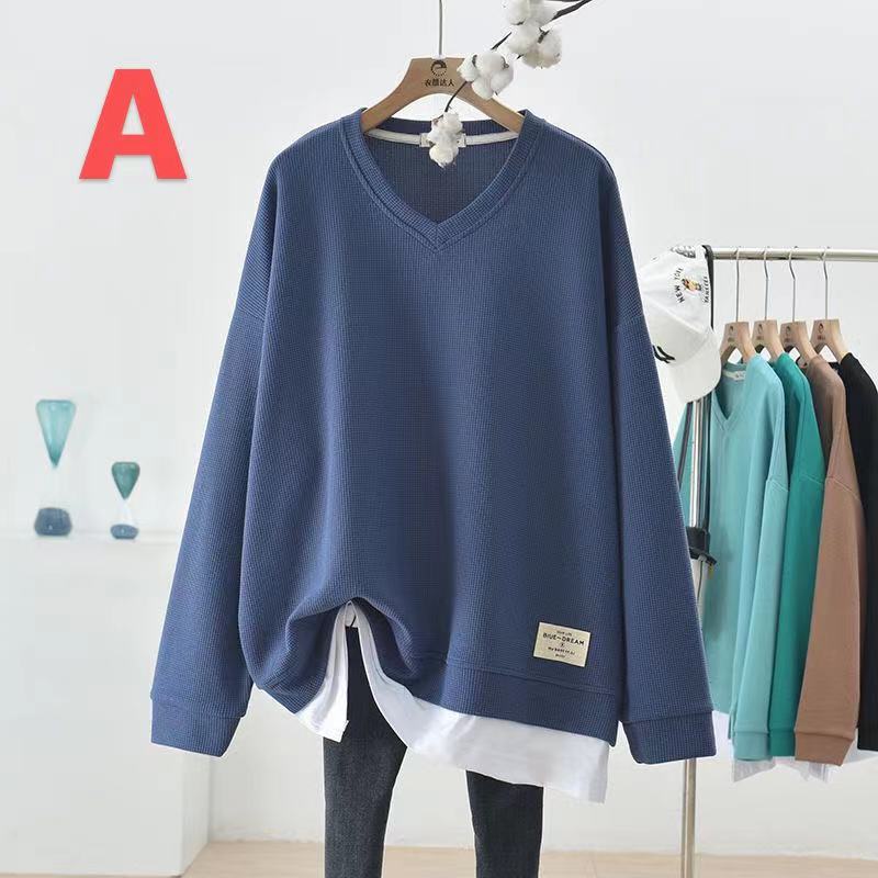 トレーナー レディース 薄手 重ね着風 大きいサイズ シンプル 無地 春秋 秋服 春服 長袖 トップス ゆったり 可愛い Vネック カジュアル LUEA232(5色L-4XL)