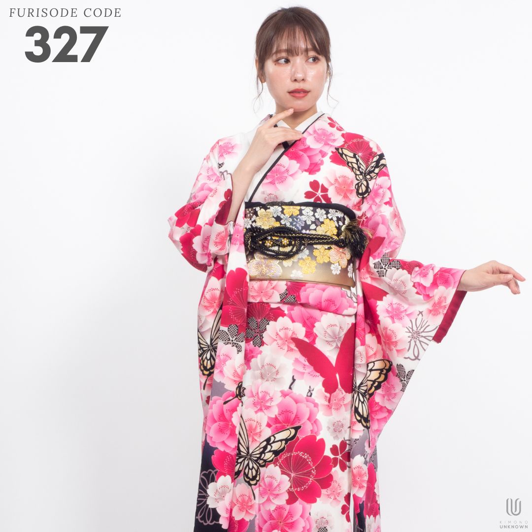 振袖レンタル 成人式 フルセット 長期間レンタル可能 事前打ち合わせ 前撮り対応  【対応身長160cm～175cm】【合繊】レンタル振袖-327 花柄 クール系 定番 ポップキュート ピンク系 白系 洋花 蝶 JAPAN STYLE
