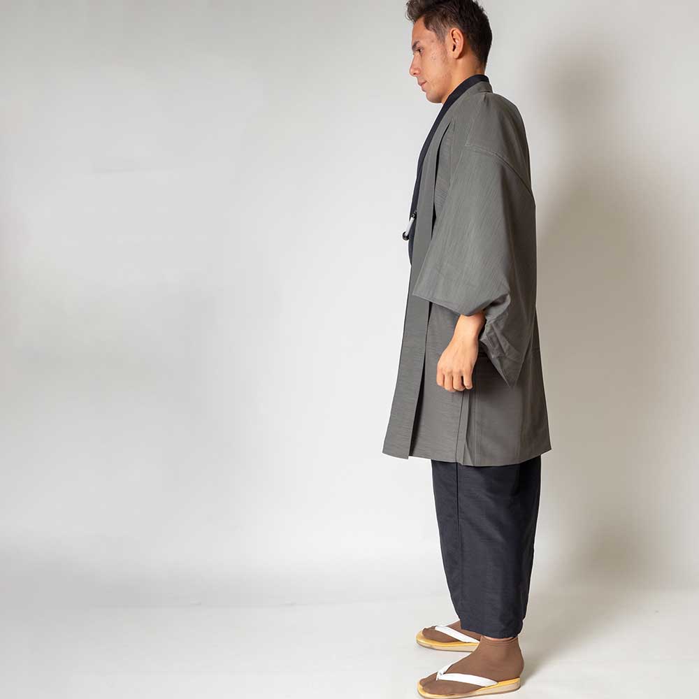 |往復送料無料|【レンタル】メンズ着物アンサンブル【対応身長175cm〜185cm】【LLサイズ】フルセットー着物ブラック×羽織グレー|着流し羽織パパ着物父親春秋冬着付け簡単おしゃれ着カジュアル貸衣装レンタル衣裳|七五三お正月初詣旅行食事会|レンタル