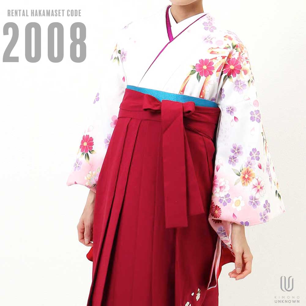 【レンタル】卒業式 袴 レンタル 女 フルセット 女性 袴セット【対応身長157cm～165cm】【正統派】 卒業式レンタル袴フルセット-2008 花柄 白 赤 ピンク｜kimonoあんのん