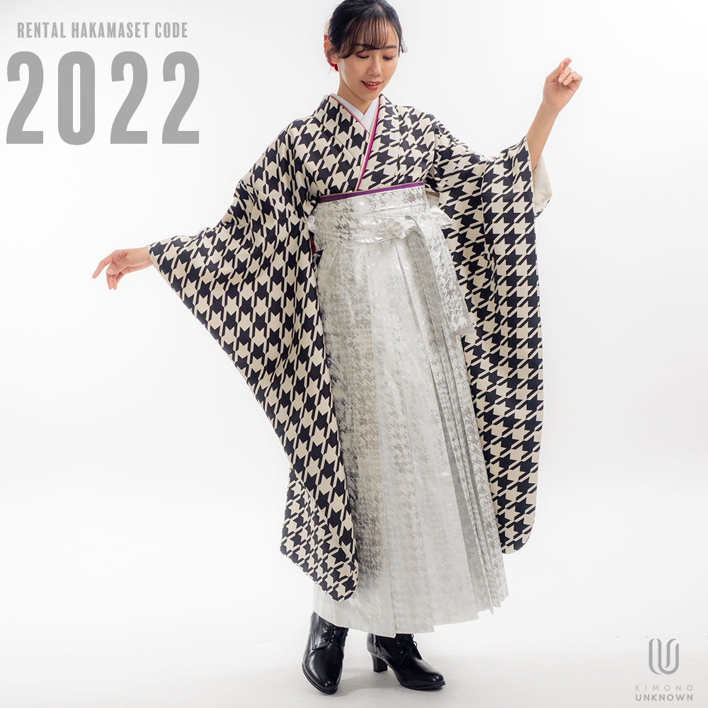 【レンタル】卒業式 袴 レンタル 女 フルセット 女性 袴セット 【対応身長157cm～165cm】【正統派】卒業式レンタル袴フルセット-2022【振袖タイプ】 千鳥柄 モノトーン 箔袴 白銀｜kimonoあんのん