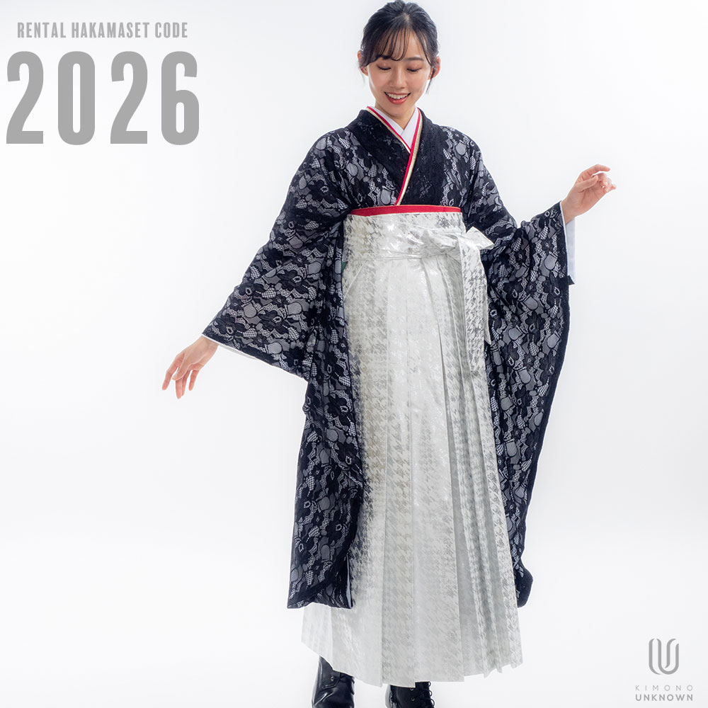 【レンタル】卒業式 袴 レンタル 女 フルセット 女性 袴セット 【対応身長157cm～165cm】【キュート】卒業式レンタル袴フルセット-2026【振袖タイプ】レース着物 黒地 夢助 箔袴 白銀