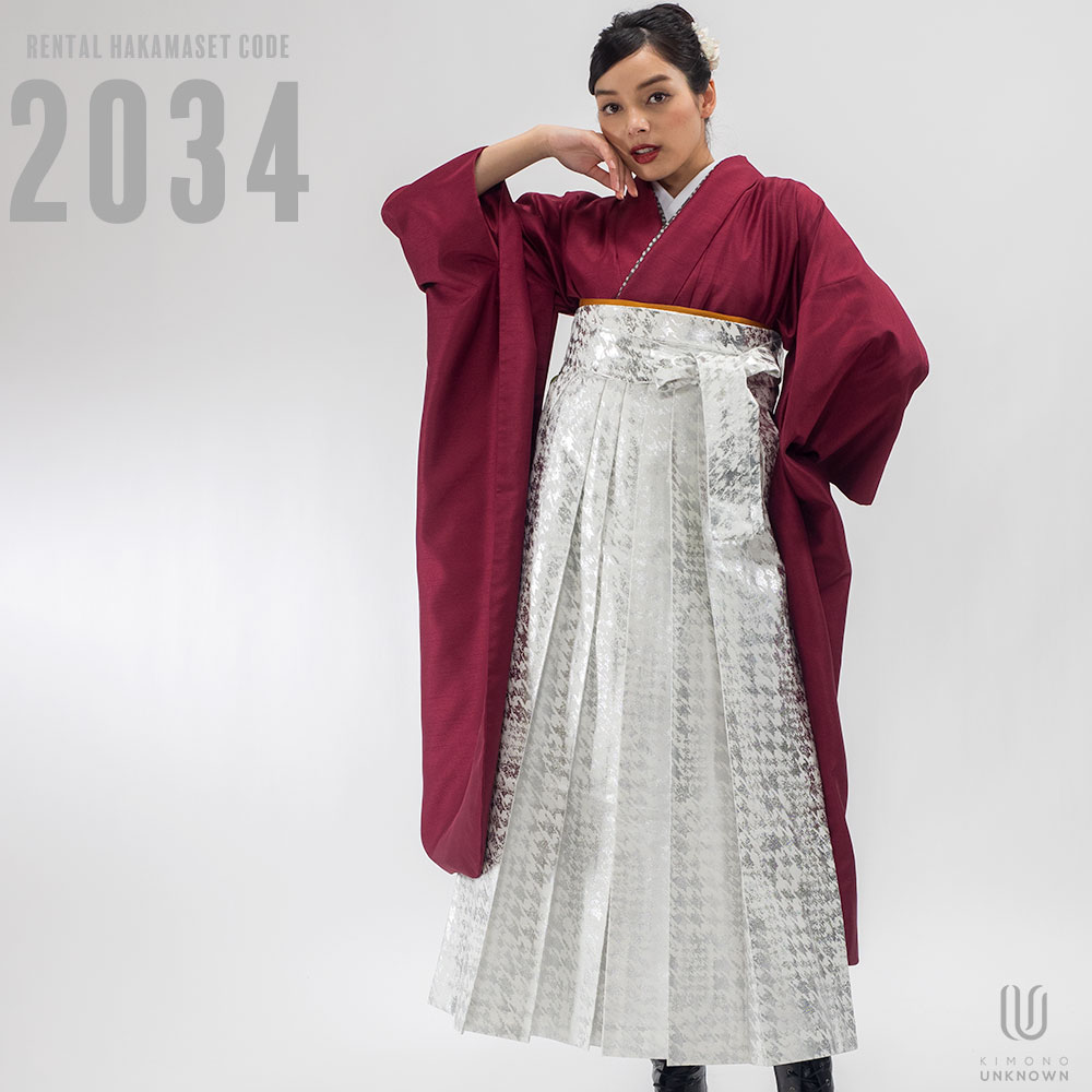 【レンタル】卒業式 袴 レンタル 女 フルセット 女性 袴セット 【対応身長157cm～165cm】【レトロ】卒業式レンタル袴フルセット-2034【振袖タイプ】 夢助 無地着物 ワイン色 赤 夢助 箔袴 銀 白