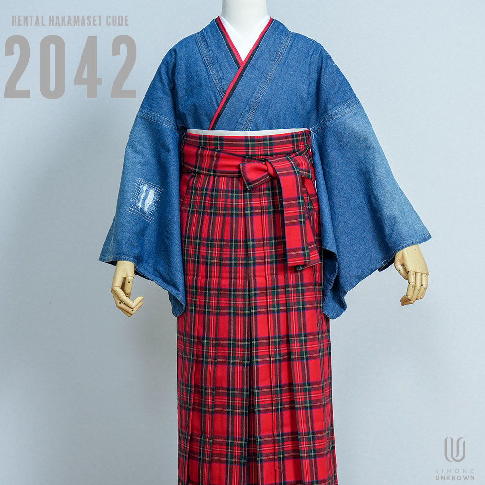 【レンタル】卒業式 袴 レンタル 女 フルセット 女性 袴セット 【対応身長157cm～165cm】【キュート】卒業式レンタル袴フルセット-2042【デニム着物】 夢助 クラッシュデニム 夢助 チェック柄袴 赤 紺