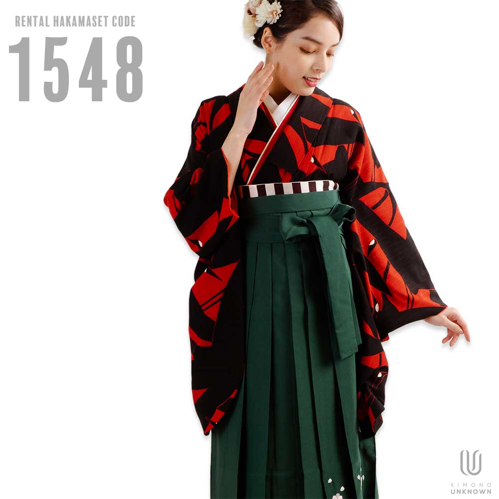 【レンタル】卒業式 袴 レンタル 女 フルセット 女性 袴セット【対応身長150cm～157cm】【レトロ】 卒業式レンタル袴フルセット-1548 鳥柄 鶴 黒 赤 緑