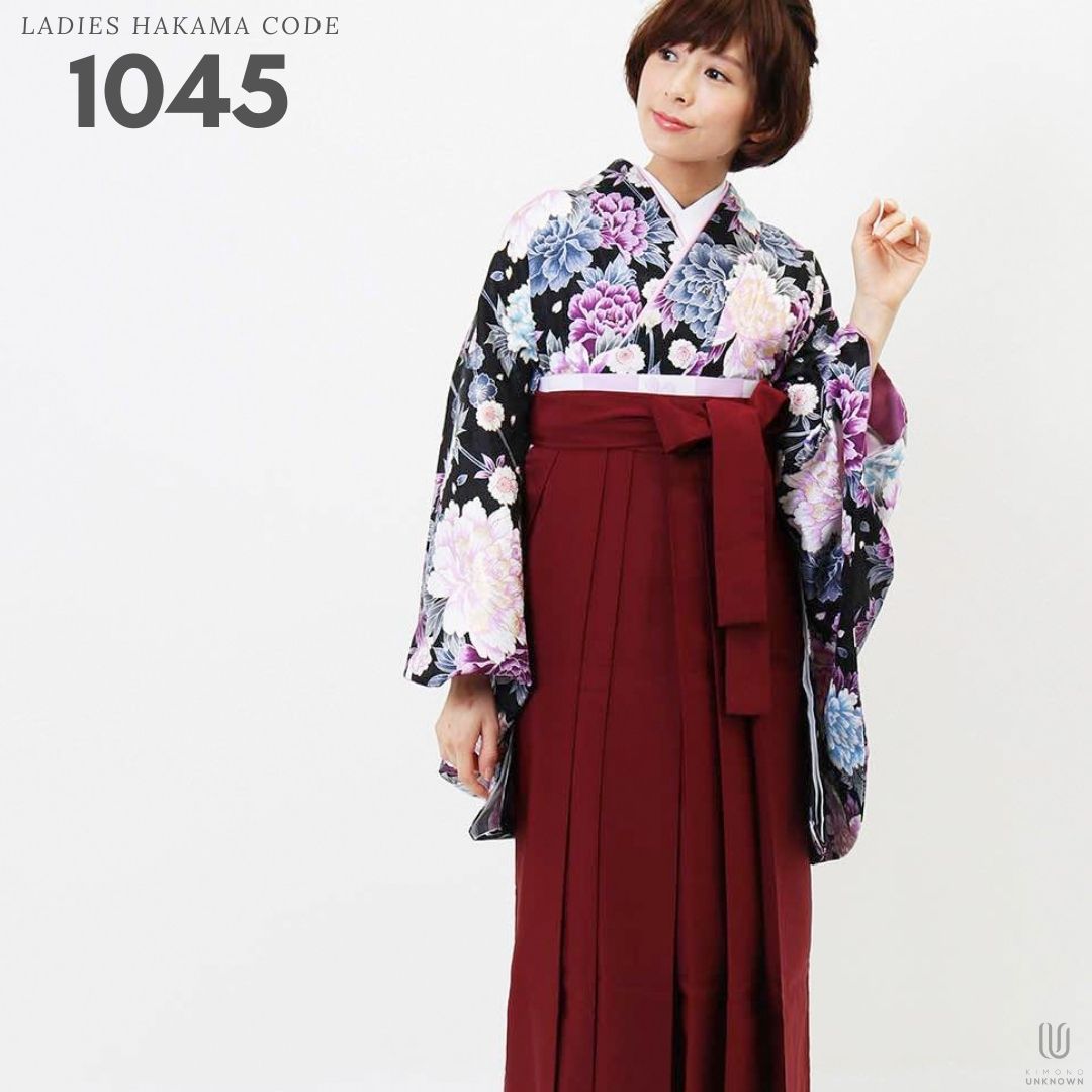 【レンタル】卒業式 袴 レンタル 女 フルセット 女性 袴セット【対応身長157cm～165cm】【正統派】 卒業式レンタル袴フルセット-1045 マルチカラー 花柄 牡丹 黒 臙脂