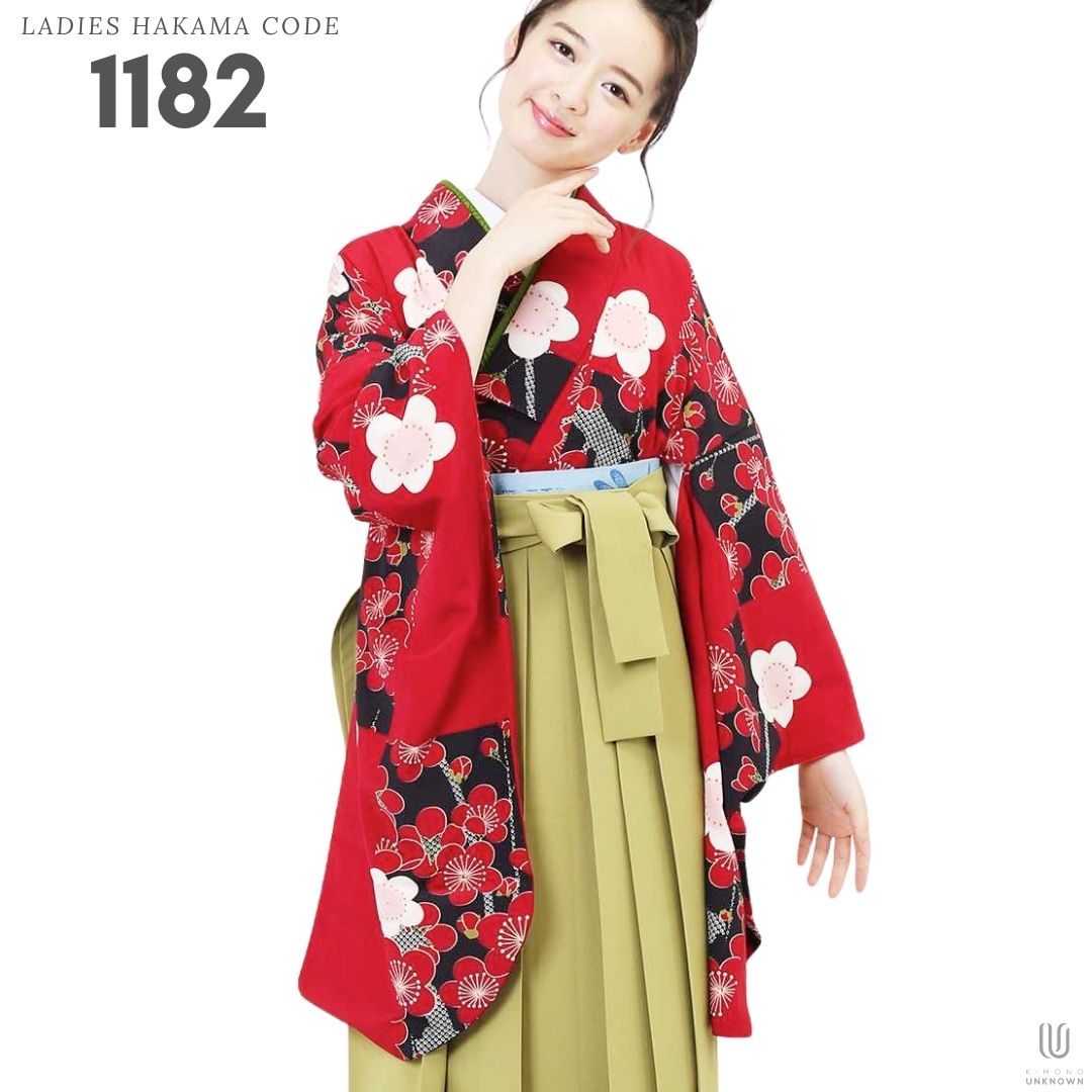 【レンタル】卒業式 袴 レンタル 女 フルセット 女性 袴セット【対応身長157cm～165cm】【レトロ】 卒業式レンタル袴フルセット-1182 マルチカラー 花柄 梅 市松 赤 緑