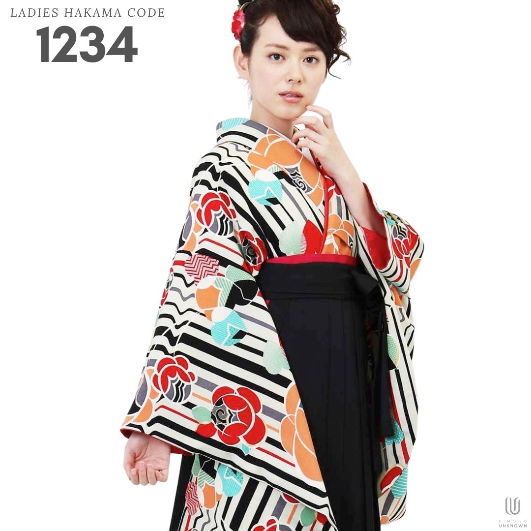 【レンタル】卒業式 袴 レンタル 女 フルセット 女性 袴セット【対応身長165cm～173cm】【レトロ】 卒業式レンタル袴フルセット-1234 マルチカラー 花柄 梅 ストライプ 白 黒