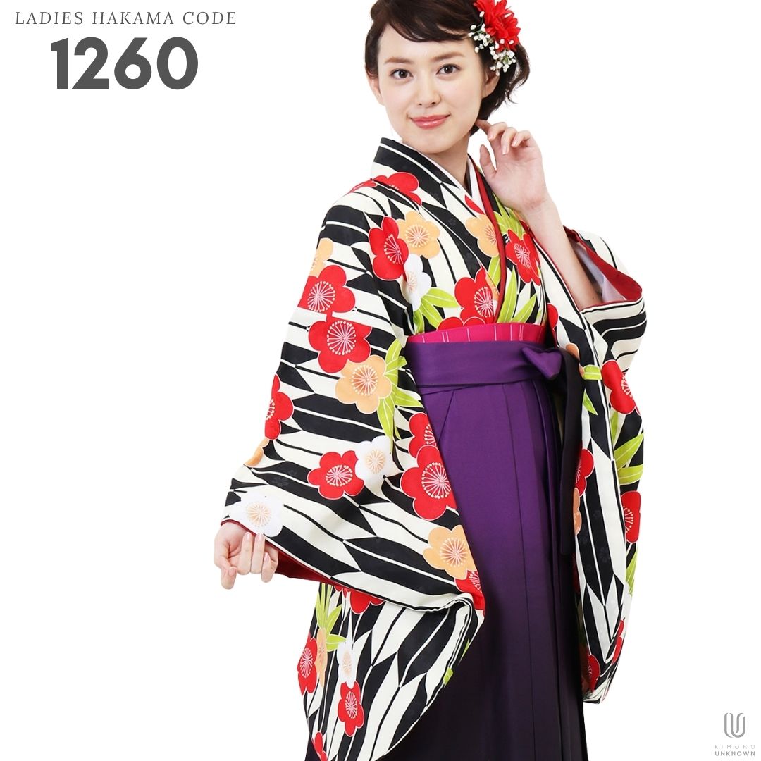 【レンタル】卒業式 袴 レンタル 女 フルセット 女性 袴セット【対応身長157cm～165cm】【レトロ】 卒業式レンタル袴フルセット-1260 マルチカラー 花柄 梅 松 白 黒 赤 緑 紫