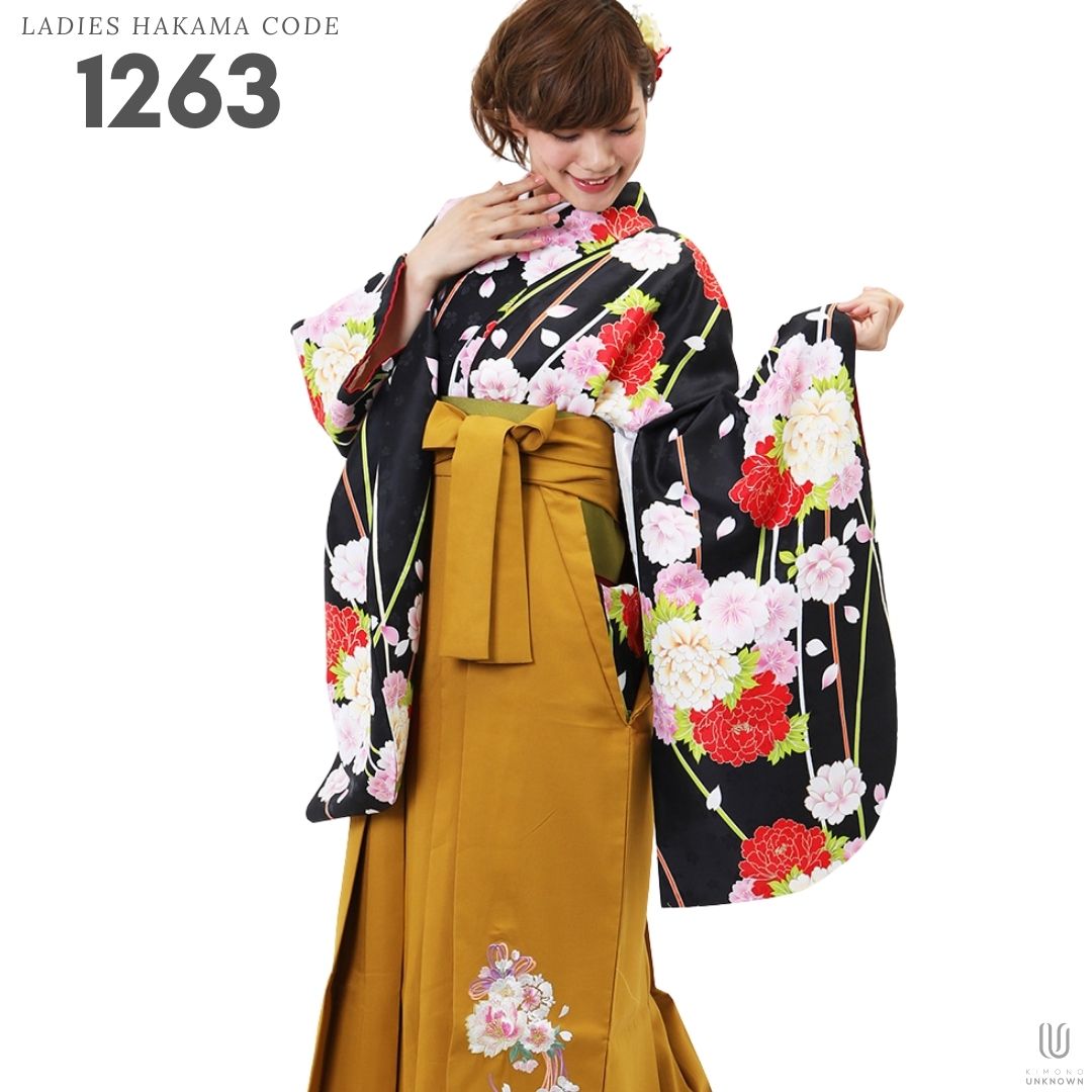 【レンタル】卒業式 袴 レンタル 女 フルセット 女性 袴セット【対応身長157cm～165cm】【正統派】 卒業式レンタル袴フルセット-1263 マルチカラー 花柄 牡丹 黒 ピンク 白 からし色｜kimonoあんのん