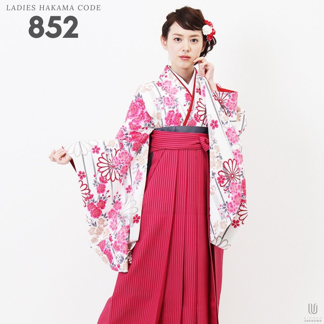 【レンタル】卒業式 袴 レンタル 女 フルセット 女性 袴セット【対応身長157cm～165cm】【キュート】 卒業式レンタル袴フルセット-852 マルチカラー 花柄 桜 ストライプ 白 ピンク グレー｜kimonoあんのん