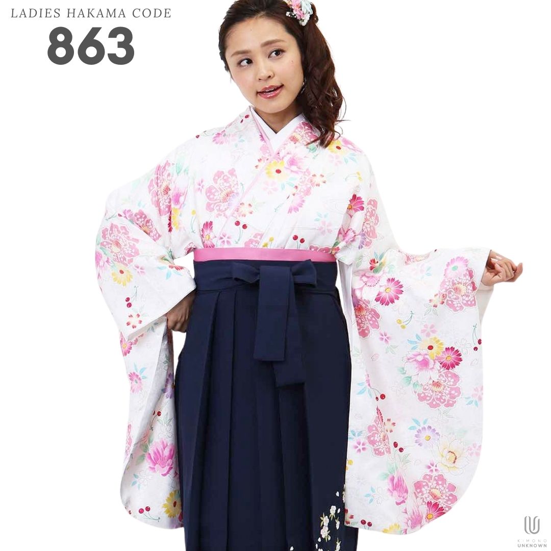 【レンタル】卒業式 袴 レンタル 女 フルセット 女性 袴セット【対応身長157cm～165cm】【正統派】 卒業式レンタル袴フルセット-863 マルチカラー 花柄 桜 白 ピンク 紺