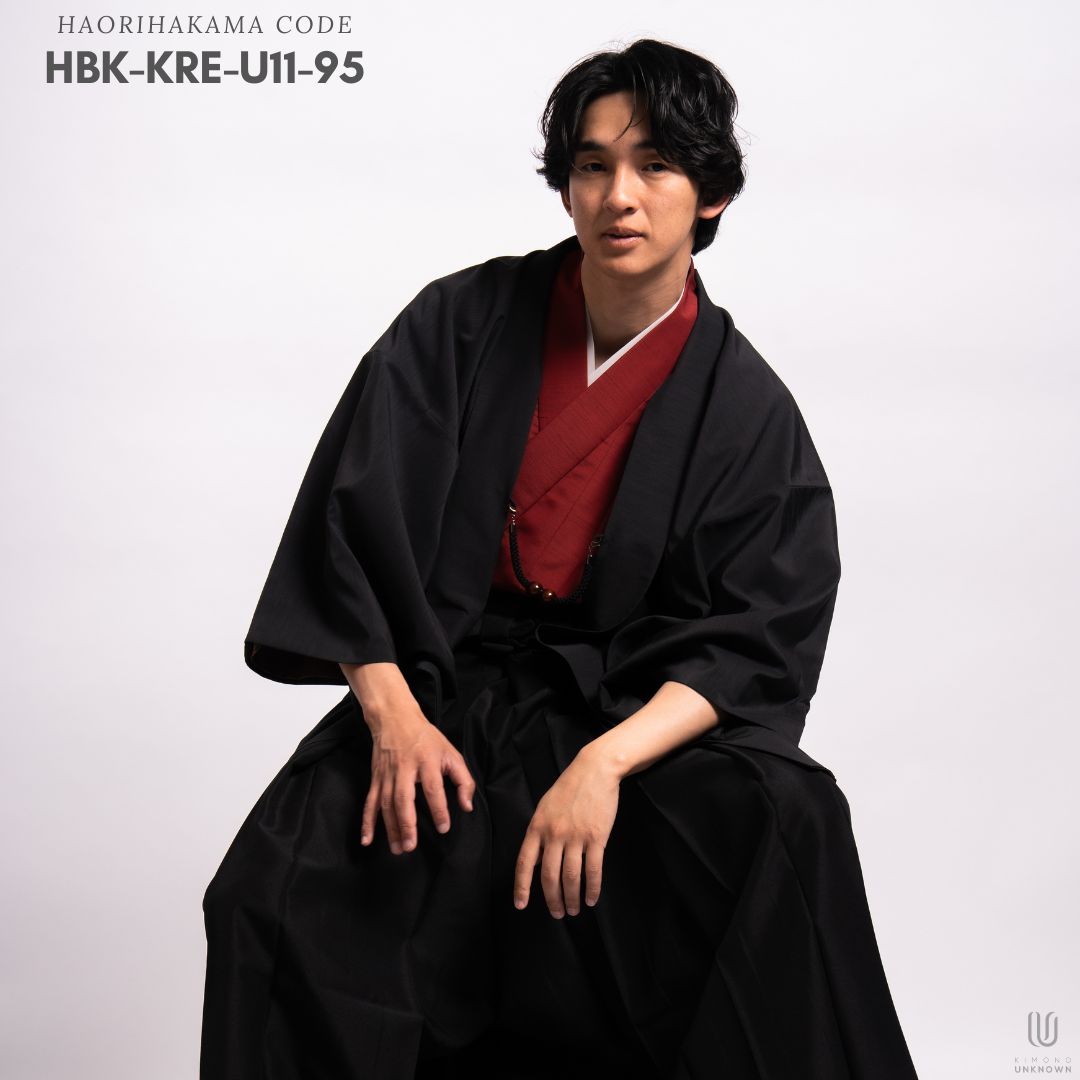 羽織袴 レンタル 成人式 卒業式 メンズ袴フルセット【レンタル】【対応身長170cm-180cm】男性用羽織り袴フルセットremhs-hbk-kre-u11-95｜レッド無地着物｜ブラック無地羽織｜ブラック馬乗り袴｜