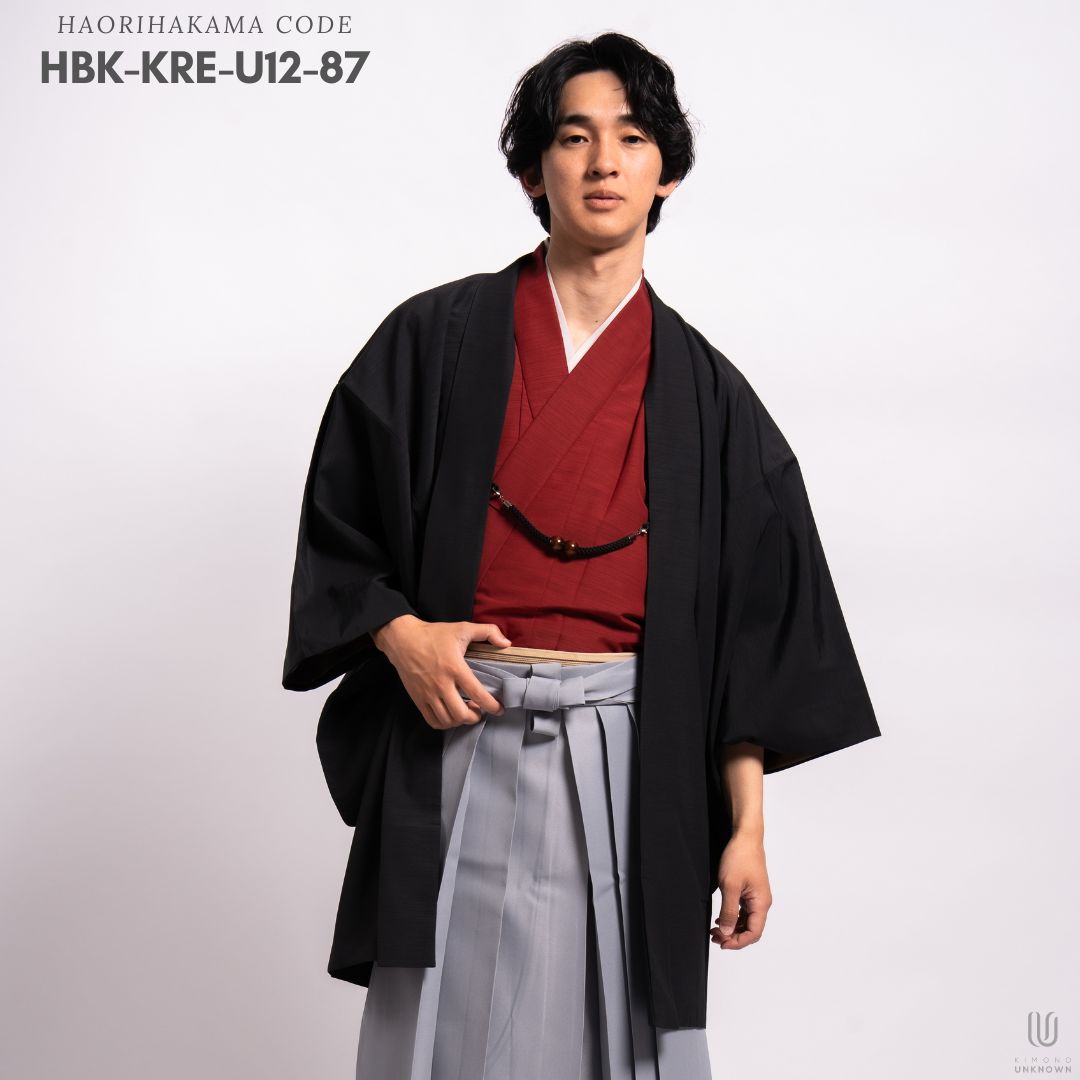 羽織袴 レンタル 成人式 卒業式 メンズ袴フルセット【レンタル】【対応身長160cm-170cm】男性用羽織り袴フルセットremhs-hbk-kre-u12-87｜レッド無地着物｜ブラック無地羽織｜グレー馬乗り袴｜