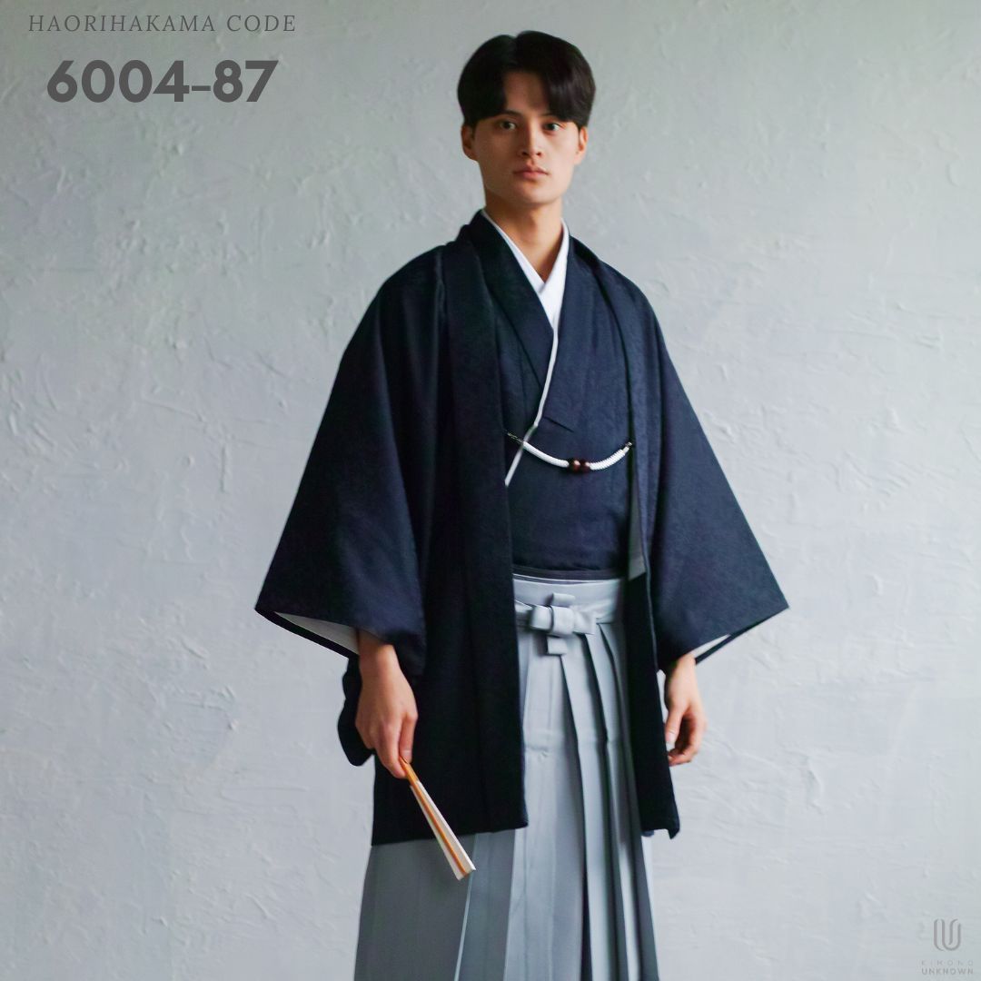 羽織袴 レンタル 成人式 卒業式 メンズ袴フルセット【レンタル】【対応身長160cm-170cm】男性用羽織り袴フルセットremhs-6004-87｜ 夢助｜ネイビーボタニカル柄着物｜ネイビーボタニカル柄羽織｜グレー馬乗り袴｜｜kimonoあんのん