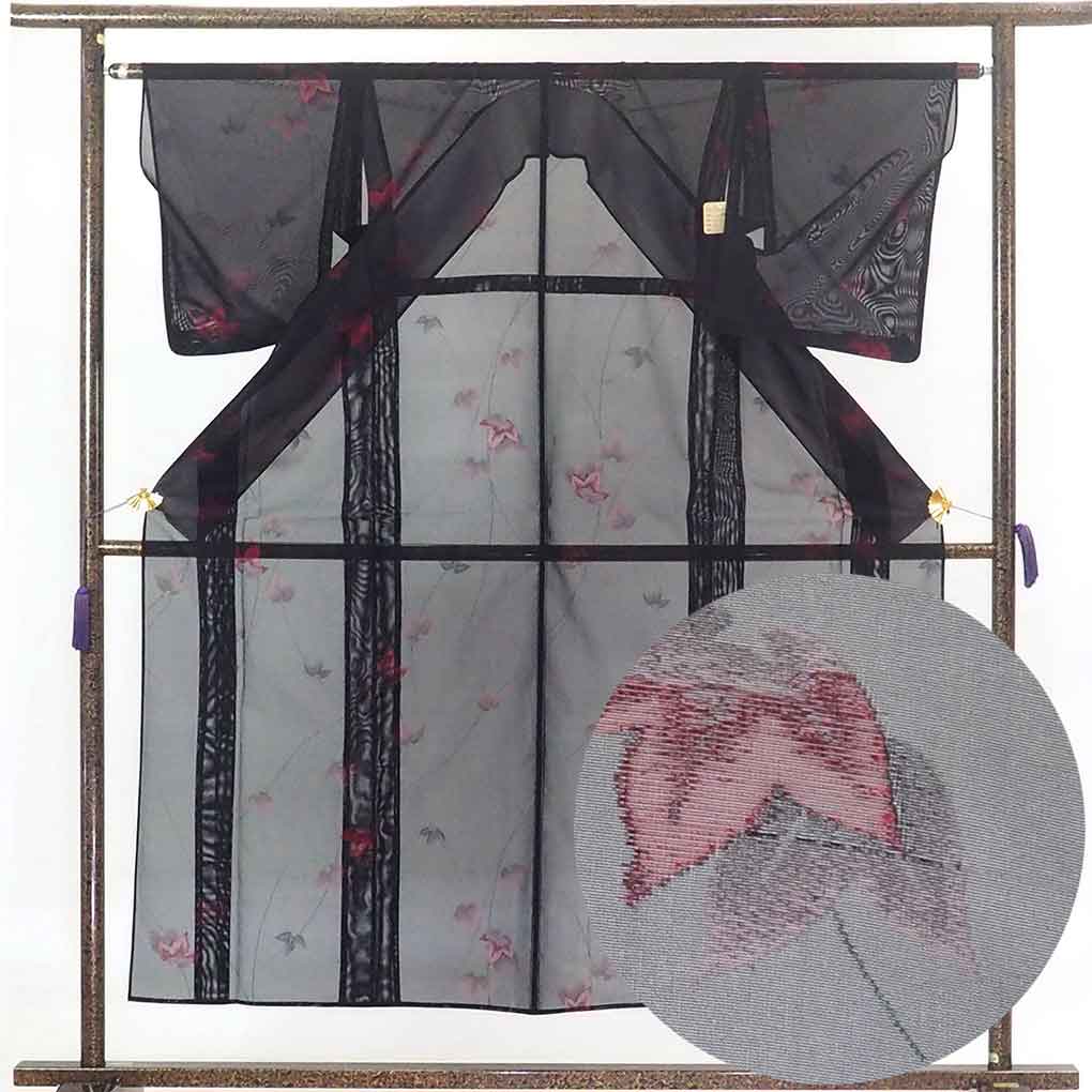 【中古】小紋 リサイクル着物 身丈152cm 裄62cm 前幅23cm 後幅29cm 袖丈49cm 正絹（シルク） レディース 夏用 黒地 裄Sサイズ 未使用品 リユース｜リサイクル着物 呉服のきくや