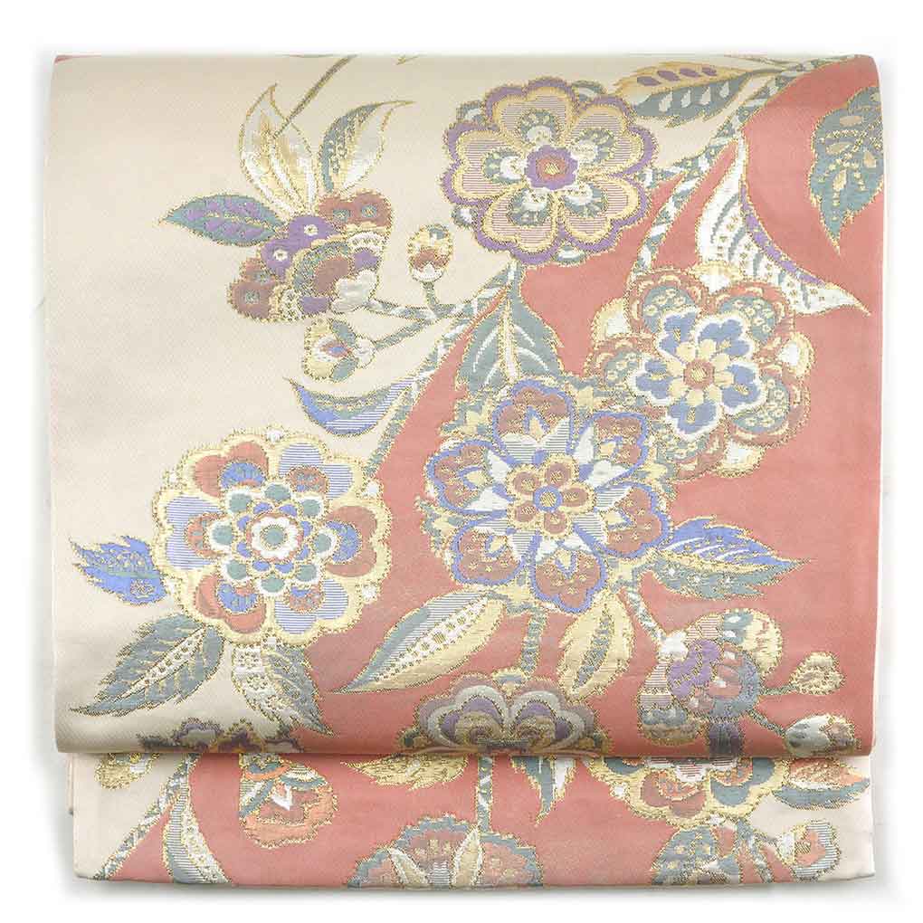 【中古】袋帯 リサイクル帯 幅31cm 長さ434cm レディース 花柄 秋冬春用 正絹（シルク）ベージュ 美品 リメイク リユース