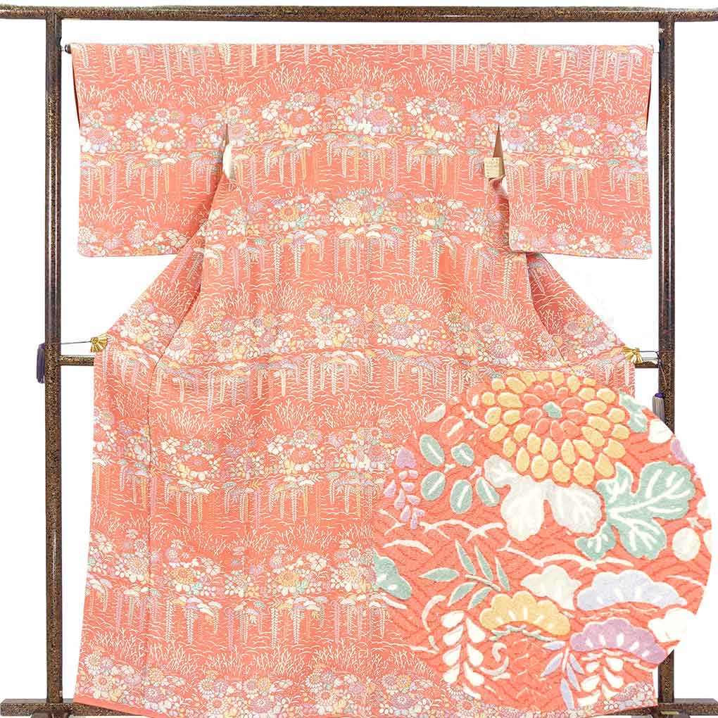 【中古】付下 リサイクル着物 身丈164cm 裄66cm 前幅23.5cm 後幅29.5cm 袖丈51cm 袖幅33cm レディース 袷 花柄 裄長 裄M-Lサイズ 秋冬春用 正絹(シルク)ピンク トールサイズ 美品 一方付小紋 リメイク リユース|リサイクル着物 呉服のきくや