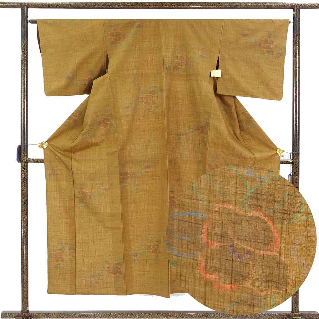 【中古】紬 リサイクル着物 身丈153cm 裄65cm 前幅26cm 後幅29.5cm 袖丈45cm 袖幅33cm レディース 単衣 花柄 裄Mサイズ 初夏・初秋用 正絹（シルク）ブラウン 美品 リメイク リユース｜リサイクル着物 呉服のきくや