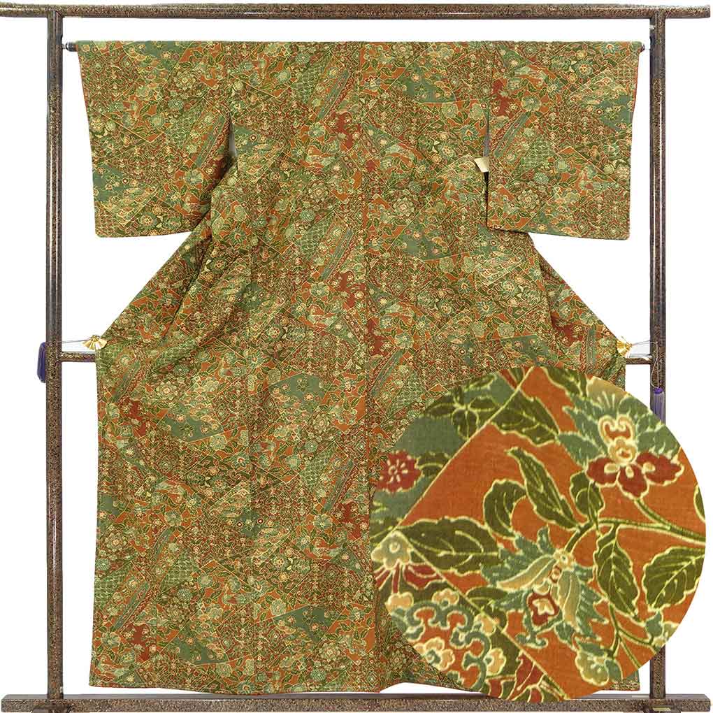 【中古】紬 リサイクル着物 身丈160cm 裄66cm 前幅24cm 後幅29.5cm 袖丈48cm 袖幅33cm レディース 袷 花柄 裄長 裄M-Lサイズ 秋冬春用 正絹(シルク)グリーン 未使用品 結城紬 リメイク リユース|リサイクル着物 呉服のきくや