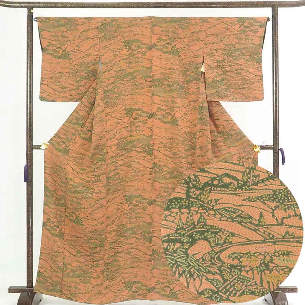 【中古】小紋 リサイクル着物 身丈165cm 裄64cm 前幅25cm 後幅29cm 袖丈49cm 正絹（シルク） レディース 袷仕立 秋冬春用 茶色 裄Mサイズ トールサイズ 美品 リユース 7,326円