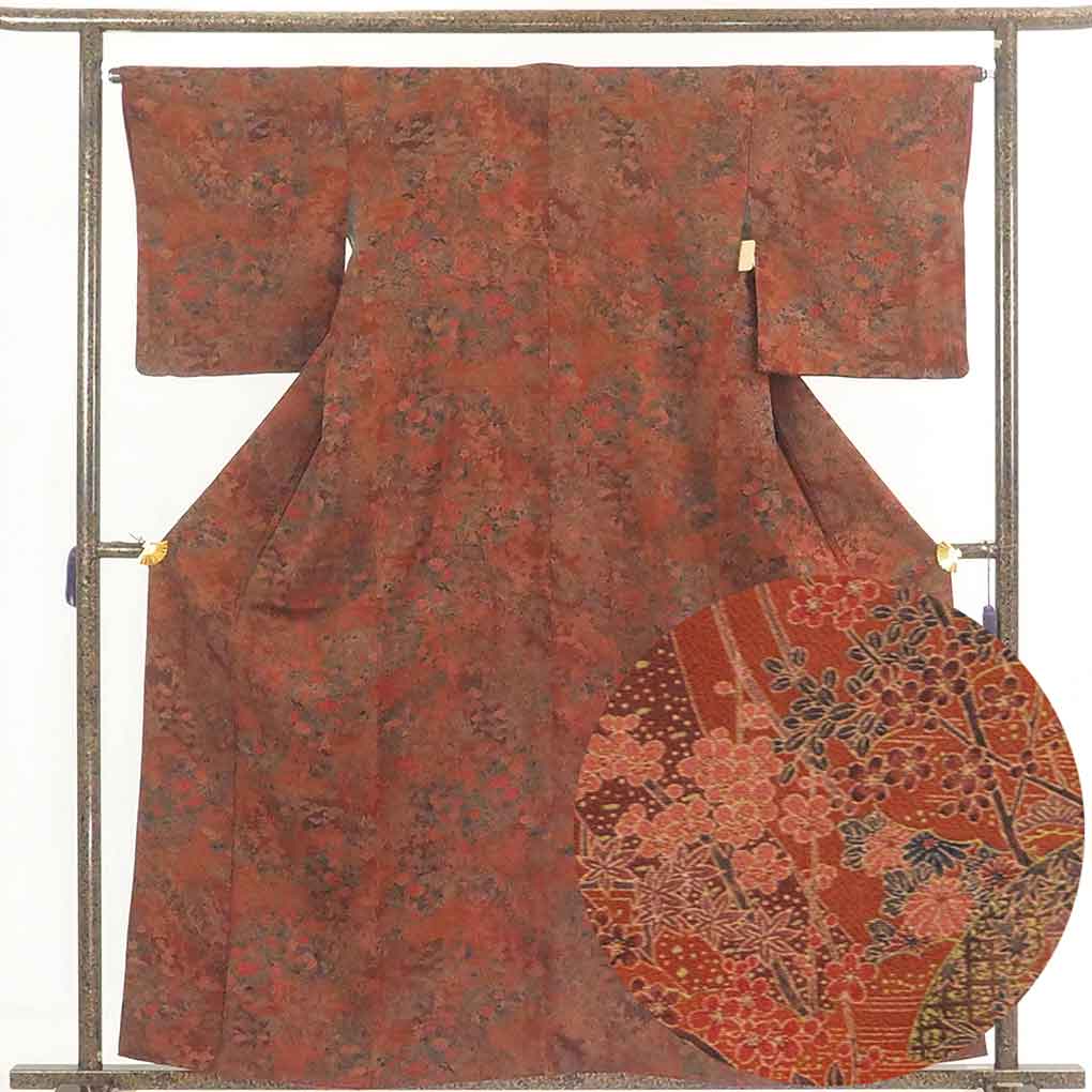 【中古】小紋 リサイクル着物 身丈160cm 裄65cm 前幅24cm 後幅30cm 袖丈49cm 正絹（シルク） レディース 袷仕立 秋冬春用 茶色 裄Mサイズ 美品 リユース